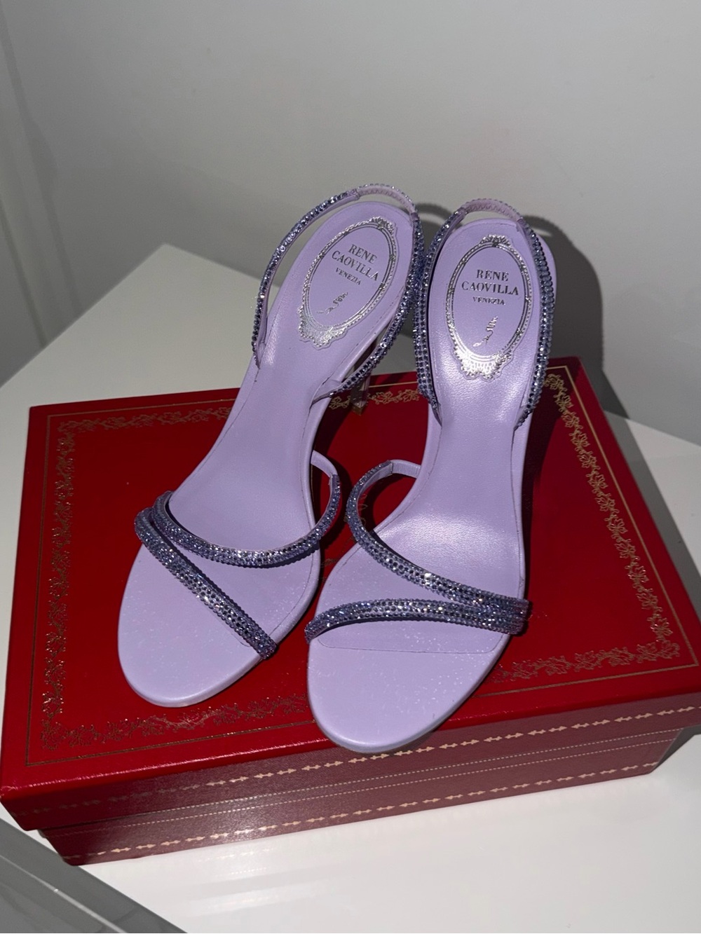 Rene Caovilla Lilac Crystal-Strap Stiletto Sandal